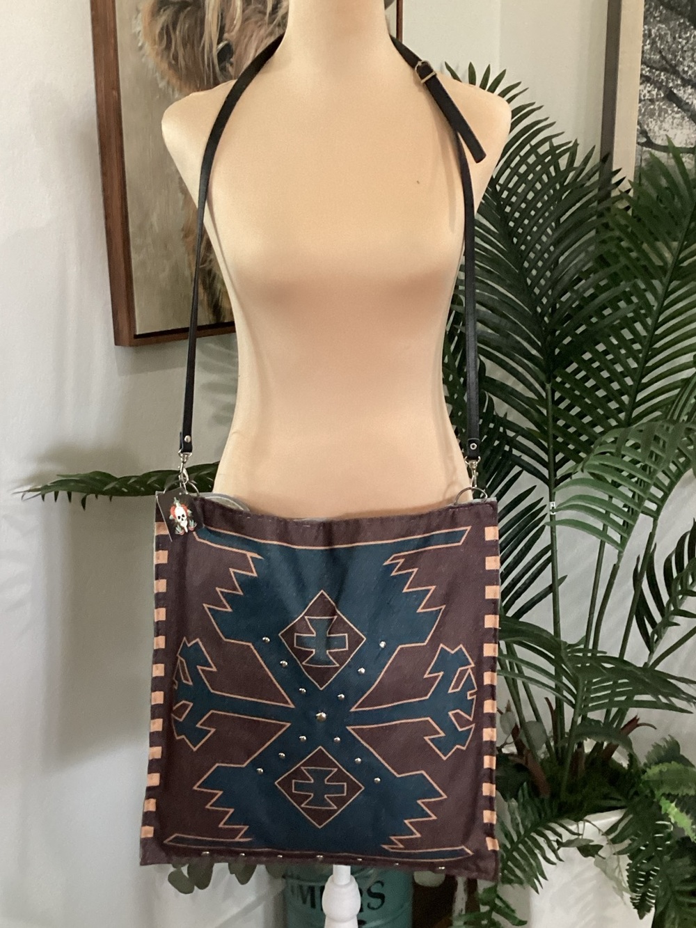 Boho Tribal Pattern Shoulder Bag in Teal & Brown